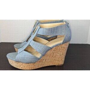 Michael Kors Damita Espadrille Wedge Sandal Platform Zip Washed Denim Blue Heel
